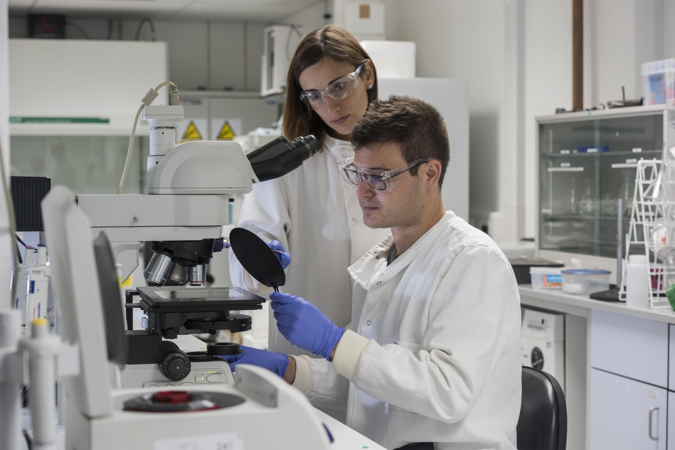 Two members of research staff working in a laboratory