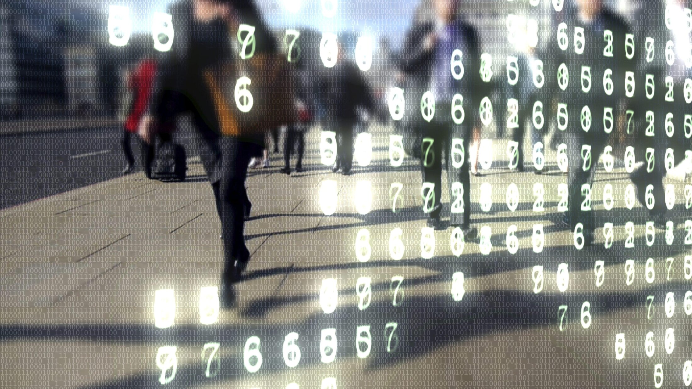 People walking on the street overlaid with numbers on a computer screen