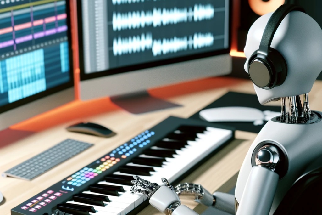 Robot with headphones at a music production desk with monitors and an electronic keyboard.