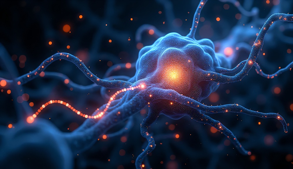 Close-up of a neuron with a large, bulbous cell body in shades of blue with a glowing orange centre, and branching dendrites.