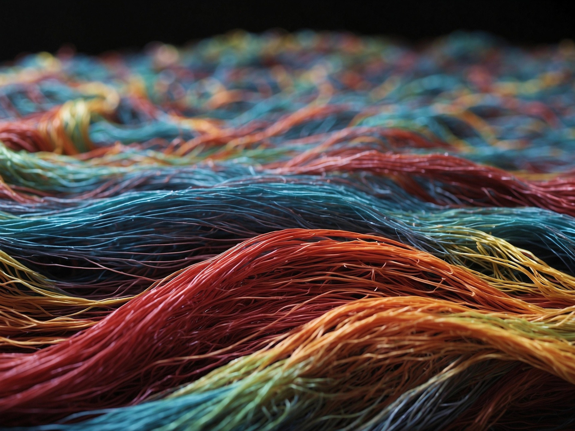 A close-up view of numerous intertwined, colourful cords or wires in red, orange, yellow, green, and blue, arranged in wavy patterns running horizontally across the frame.