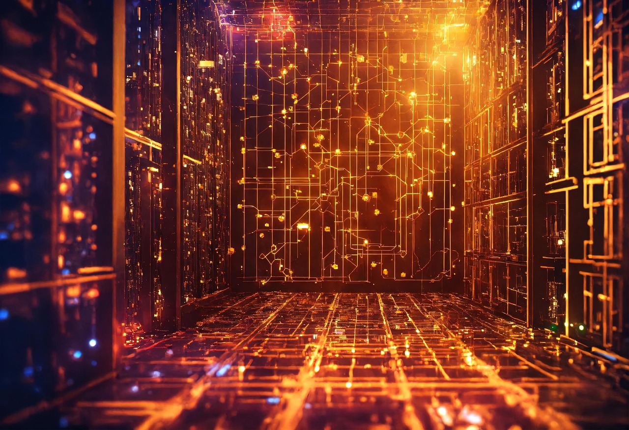 futuristic, digital data centre environment. The scene is dominated by glowing, interconnected circuits and grids emitting warm hues of orange and yellow.